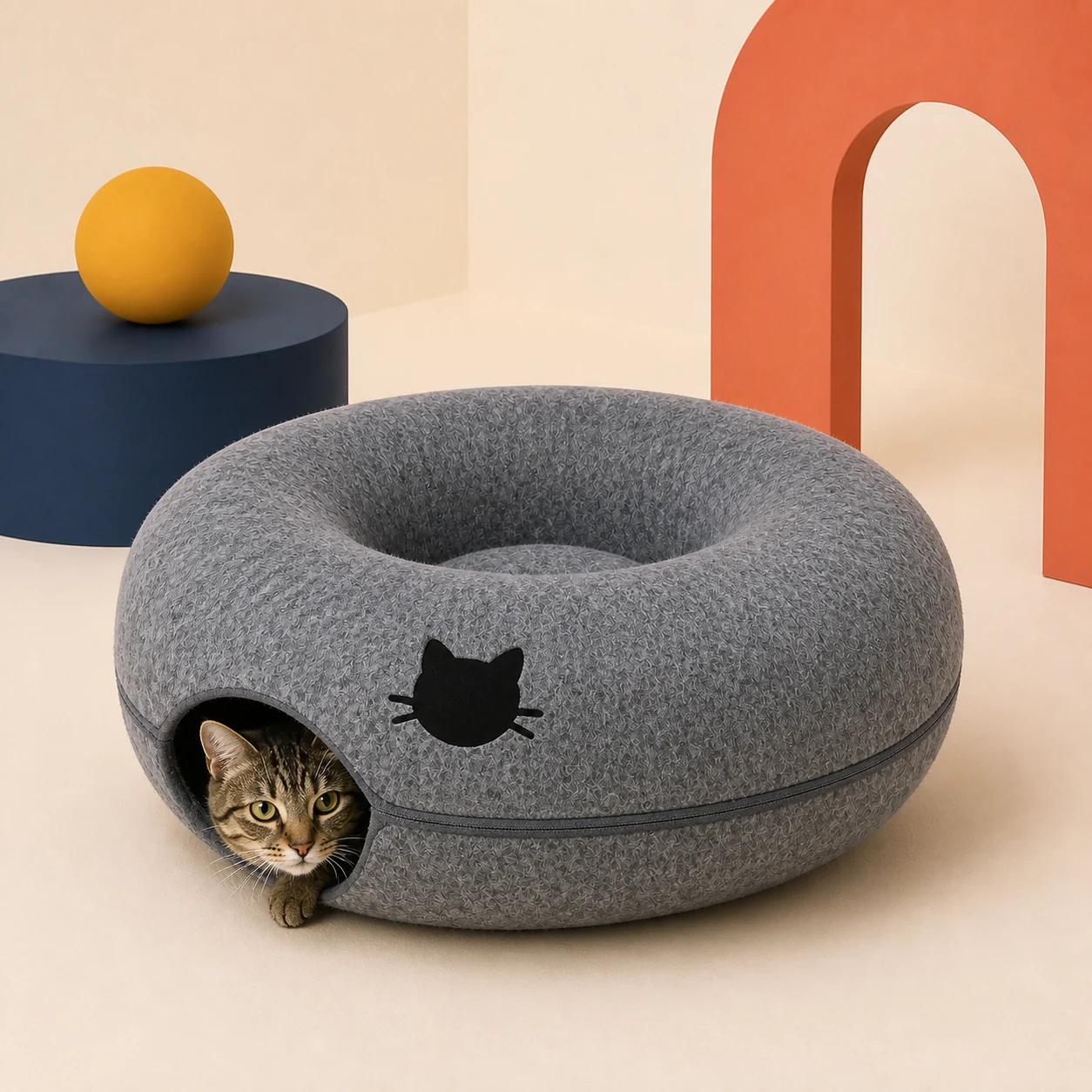 Tabby cat nesting in a dark-gray PETEE donut tunnel bed