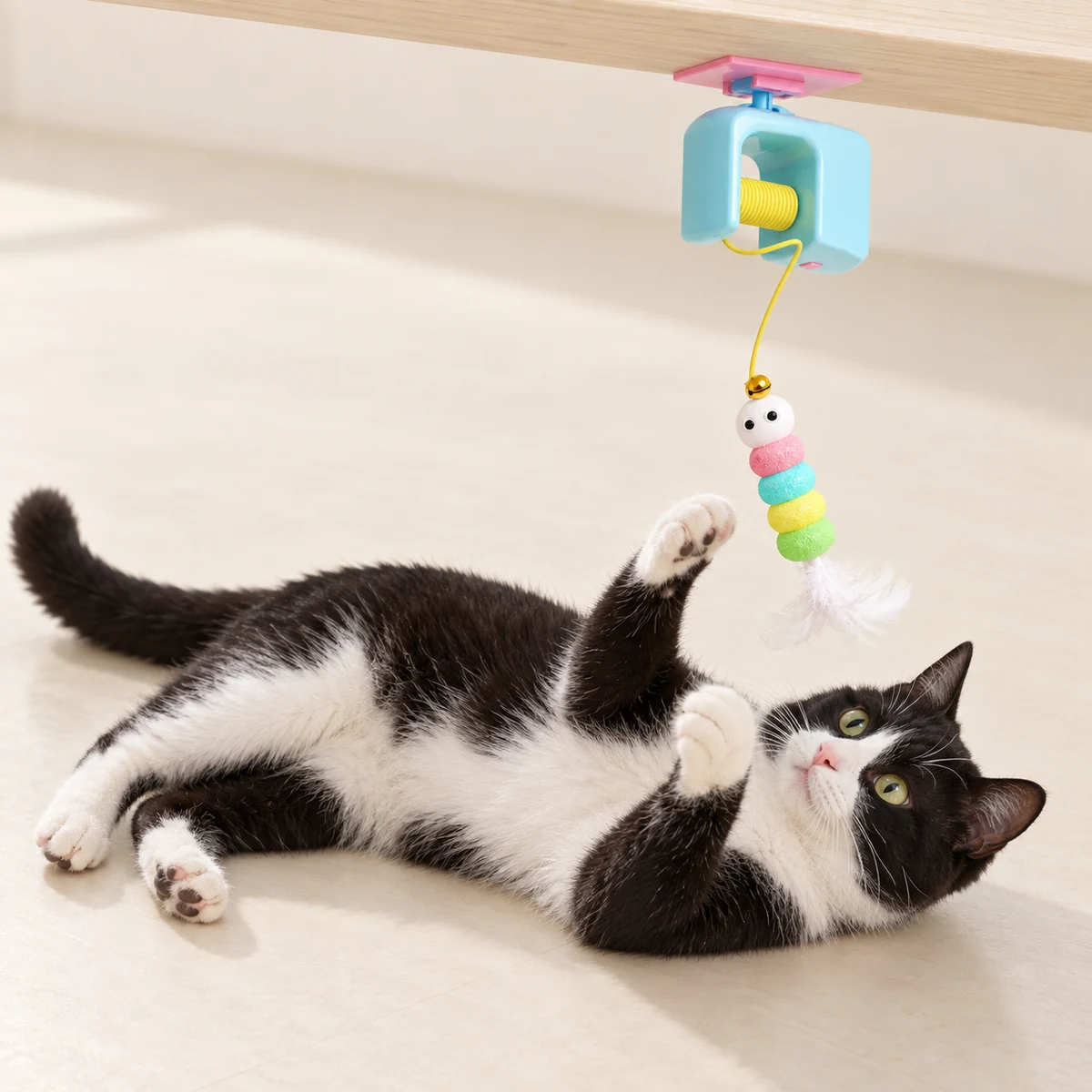 A tuxedo cat lying beneath the lift teaser and batting its hanging lure.