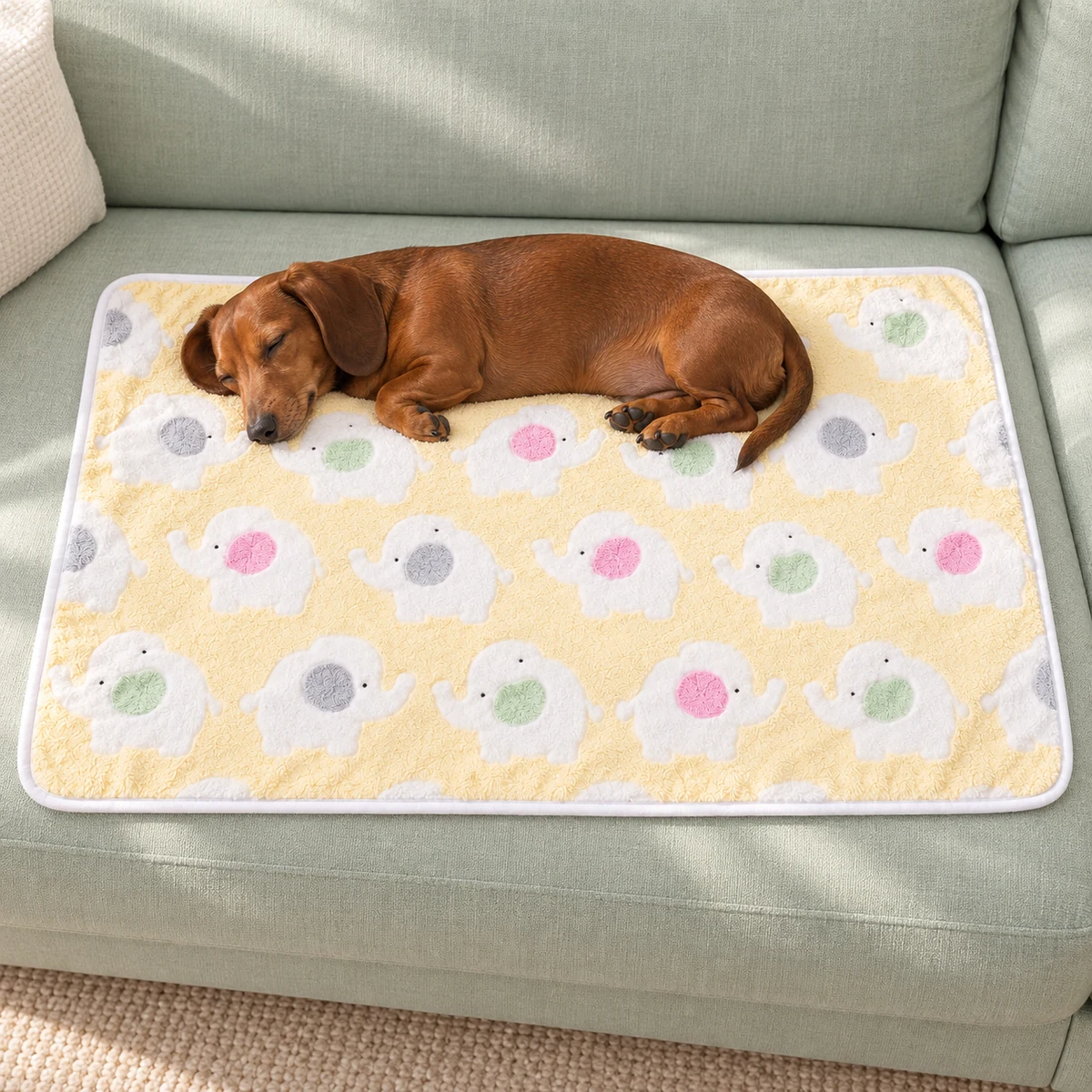 A small red dachshund resting on the fully spread yellow elephant blanket on a mint sofa.