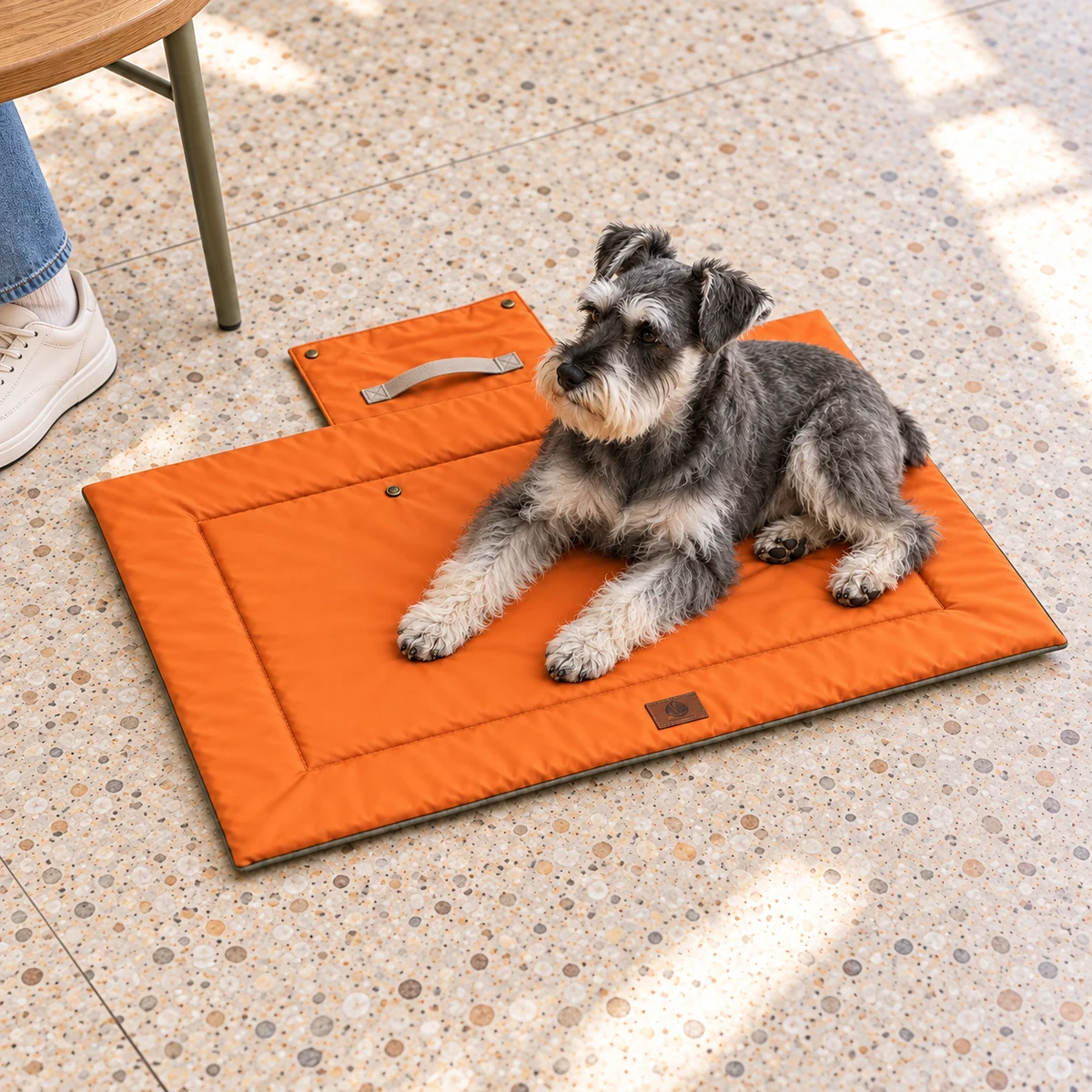 A salt-and-pepper miniature Schnauzer resting on the orange mat at a quiet café.