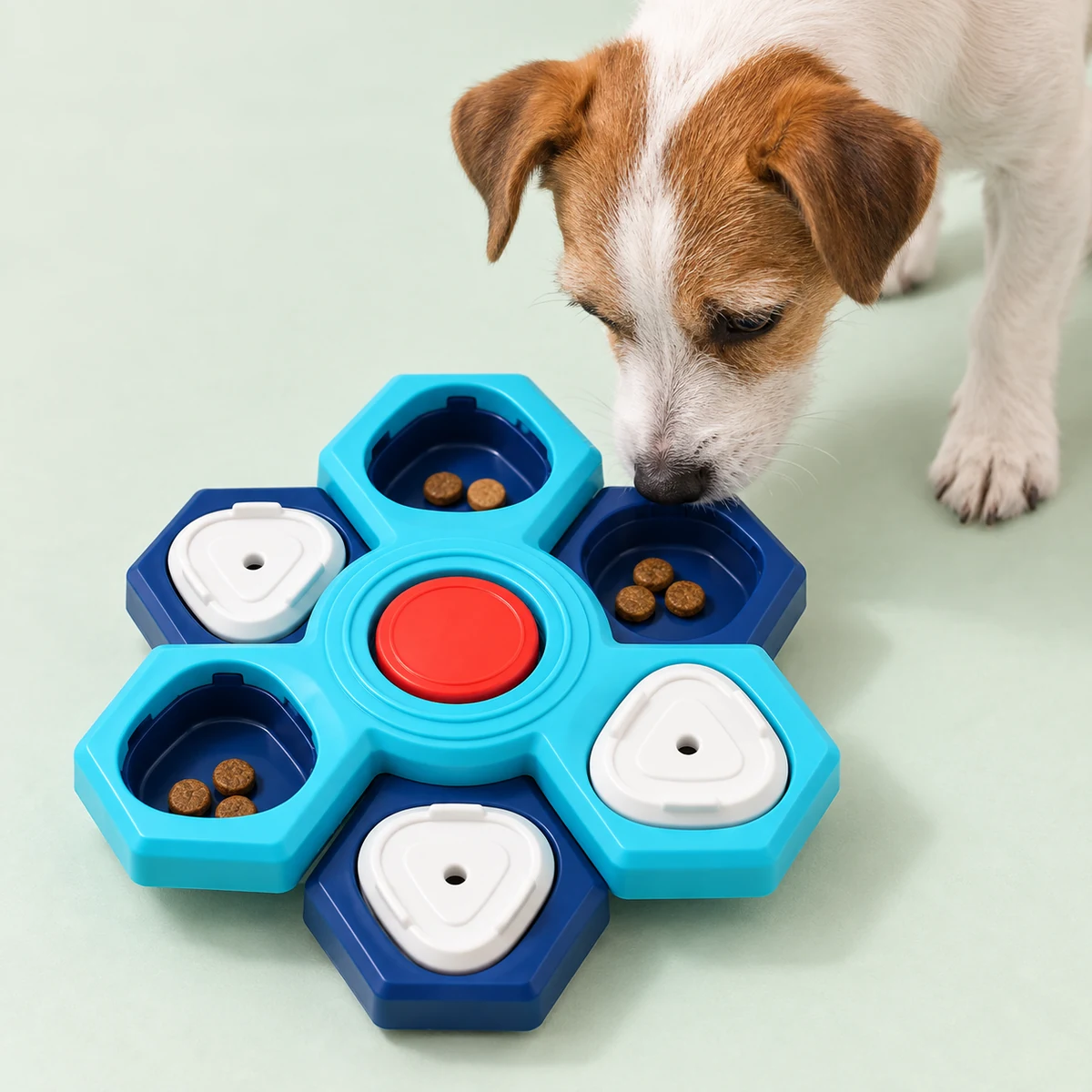 A white-and-tan Jack Russell exploring a treat well in the blue puzzle.