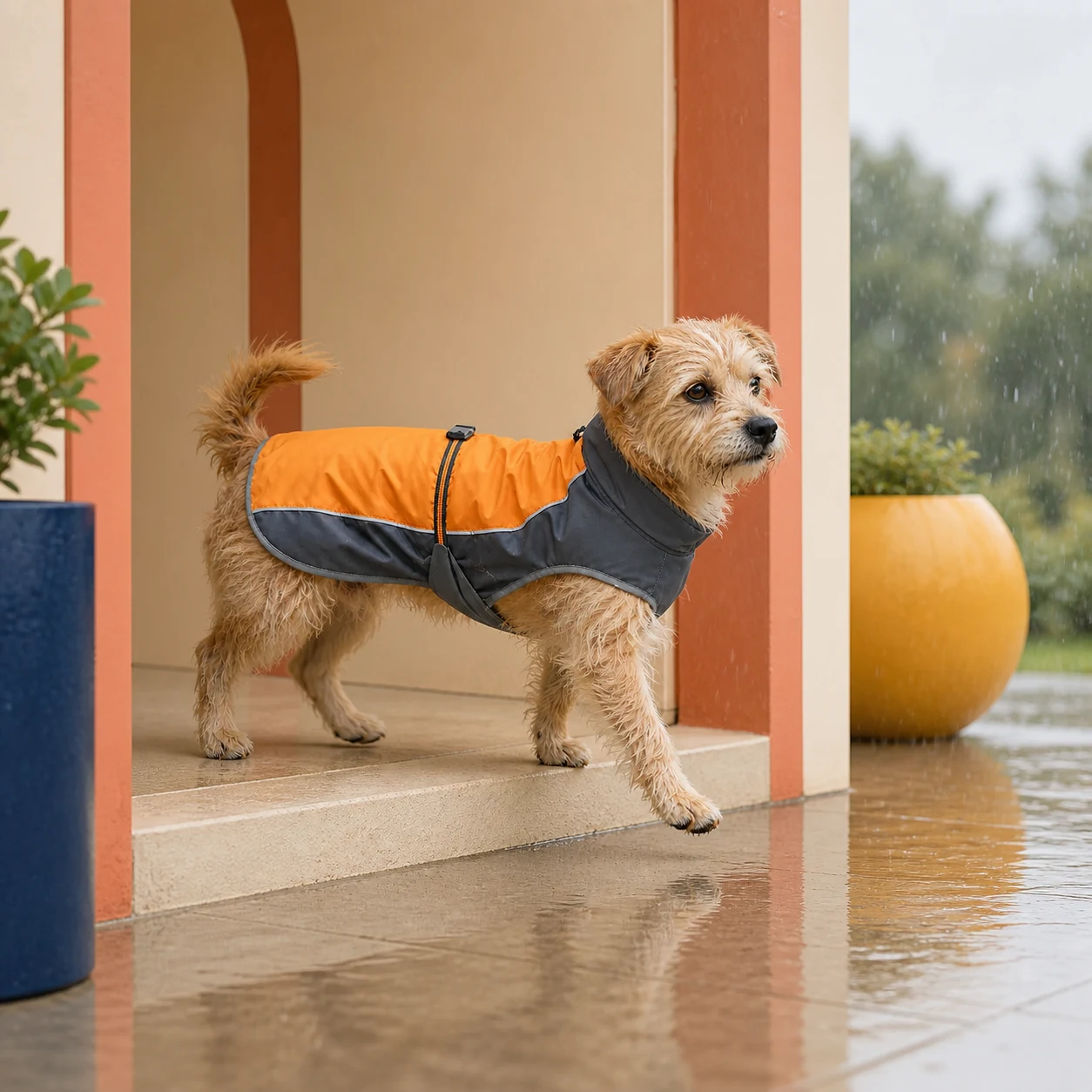 Small dog enjoying a drizzly walk in an orange PETEE rain cape